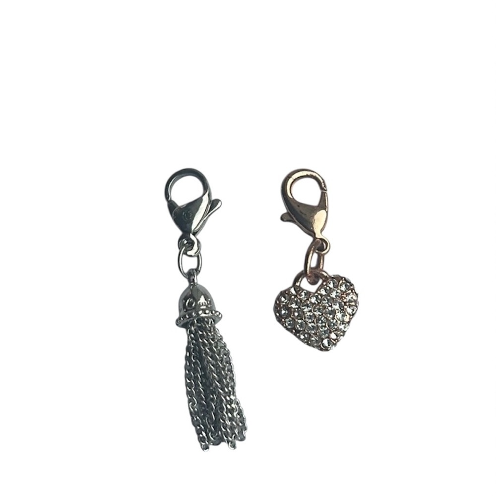 Origami Owl charm clips silver tassel & rose gold crystal heart.